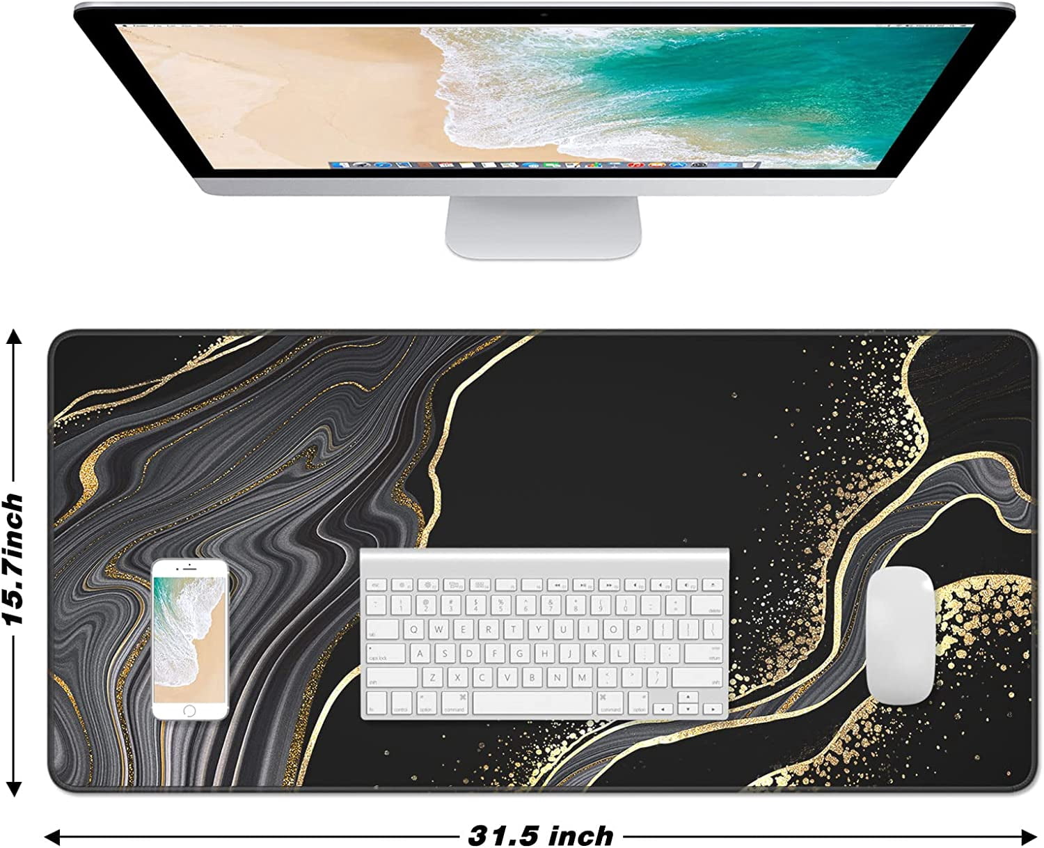 Extended Large Mouse Pad, XXL Gaming Mousepad 31.5 x 15.7 Inch, Big Computer Keyboard Desk Pad, Waterproof Mouse Mat with Stitched Edges and Non-Slip Base for Office Gaming, Black Marble