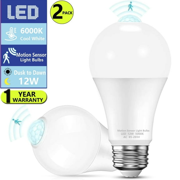 Motion Sensor Light Bulbs , [2Packs] Dusk to Dawn , 12W 100W Equivalent, Movement Activated Security LED Bulb, 5000K Cool White, for Outdoor Indoor, Porch Garage Basement Hallway Closet﻿