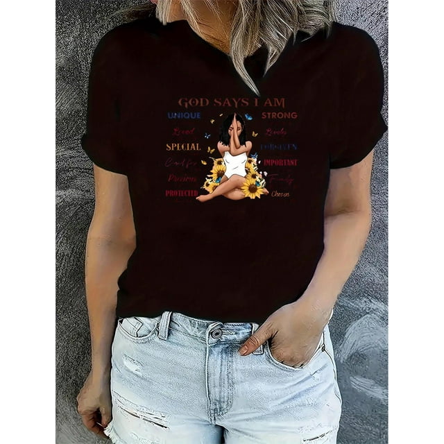 Chic Floral & Letter Print Women's T-Shirt - Casual Crew Neck, Short Sleeve, Stretchy Polyester Blend, Machine Washable - Perfect for Summer