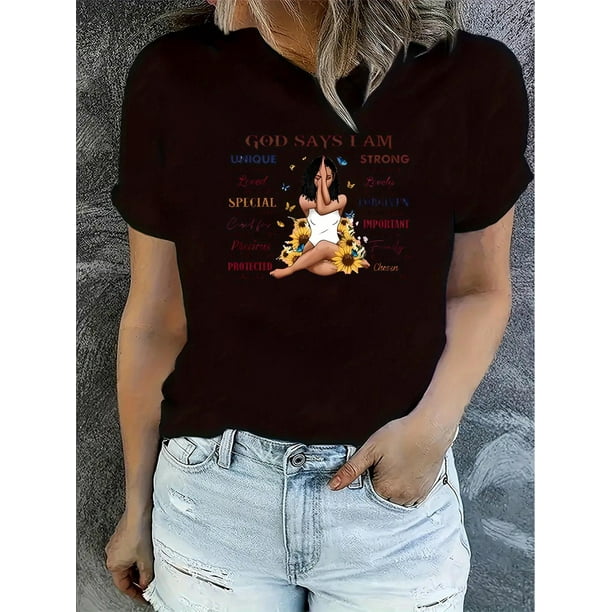 Camiseta básica de verano para mujerChic Floral & Letter Print Women's T-Shirt - Casual Crew Neck, Short Sleeve, Stretchy Polyester Blend, Machine Washable - Perfect for SummerFather's Day, Mother's