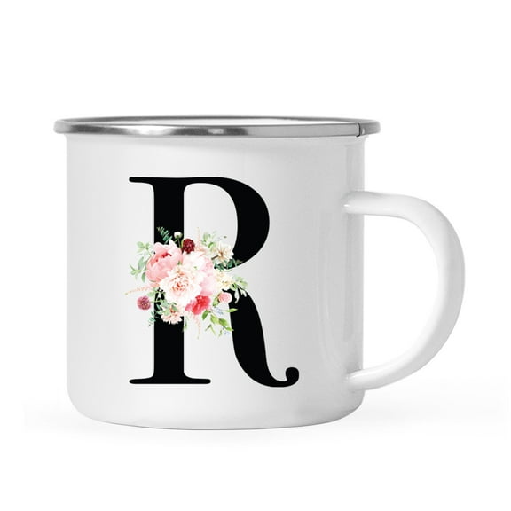 Koyal Wholesale Stainless Steel Campfire Coffee Mug, Blush Floral Monogram, Letter R