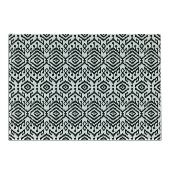 Black and White Cutting Board, Monochrome Ikat Pattern Bohemian Chevron Modern Scribble Print, Decorative Tempered Glass Cutting and Serving Board, Small Size, White and Charcoal Grey, by Ambesonne