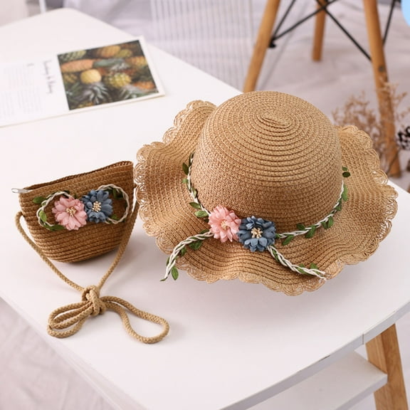 Dyfzdhu Girls Sun Hats 2-8T Kids Girls Summer Trendy Flower Beach Straw Hat With Crossbody Bag Children Travel Holiday Hats