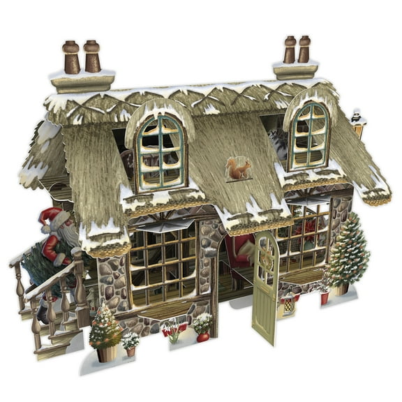 Me & McQ Santa Carrying Evergreen Tree Into a Cosy Cottage 3D Pop Up Laser Cut Christmas Card