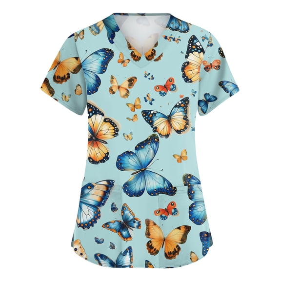 ASDFVBKG Women's Floral and Butterfly Print Scrub Comfortable Easy Fit Lightweight Durable Stretch Printed V-Neck Medical Scrub Top Blue L