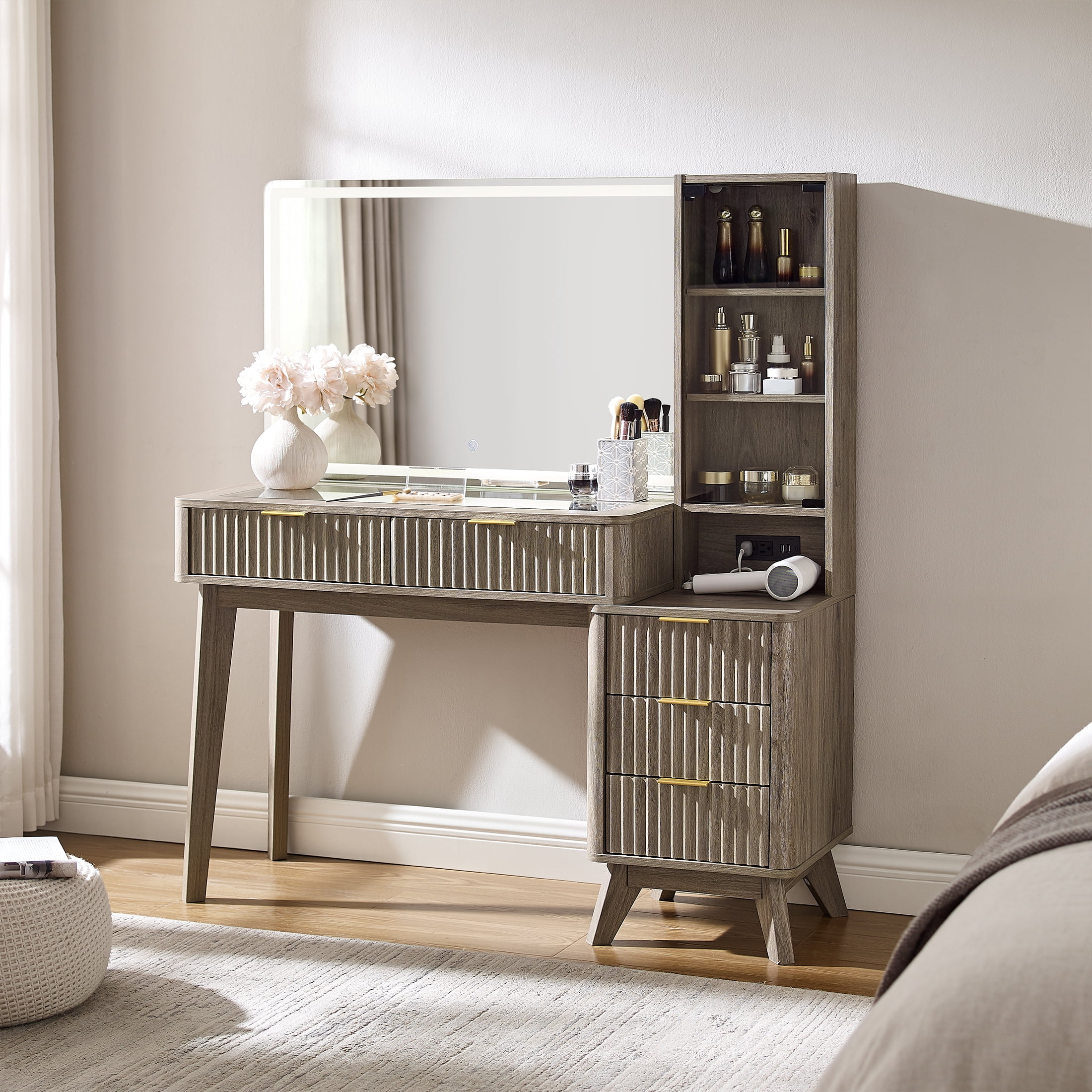 KeyWhat 48" Fluted Vanity Desk with 36" Mirror and Lights, Modern Makeup Table with 5 Drawers, Charging Station, Adjustable Shelves - Grey Alder