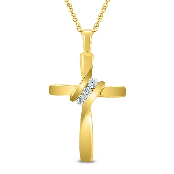 SZUL Women's Three Stone Diamond Cross Pendant in 10K Yellow Gold (J-K-L Color, I2-I3 Clarity)