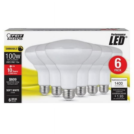 Feit Electric 3018704 100W BR30 E26 Medium Equivalence LED Bulb, Soft White - Pack of 6