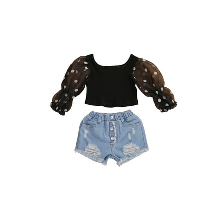 

TheFound Toddler Baby Girl Clothes Long Sleeve Mesh Shirt Top Ruffle Denim Shorts Summer 2PCS Outfits