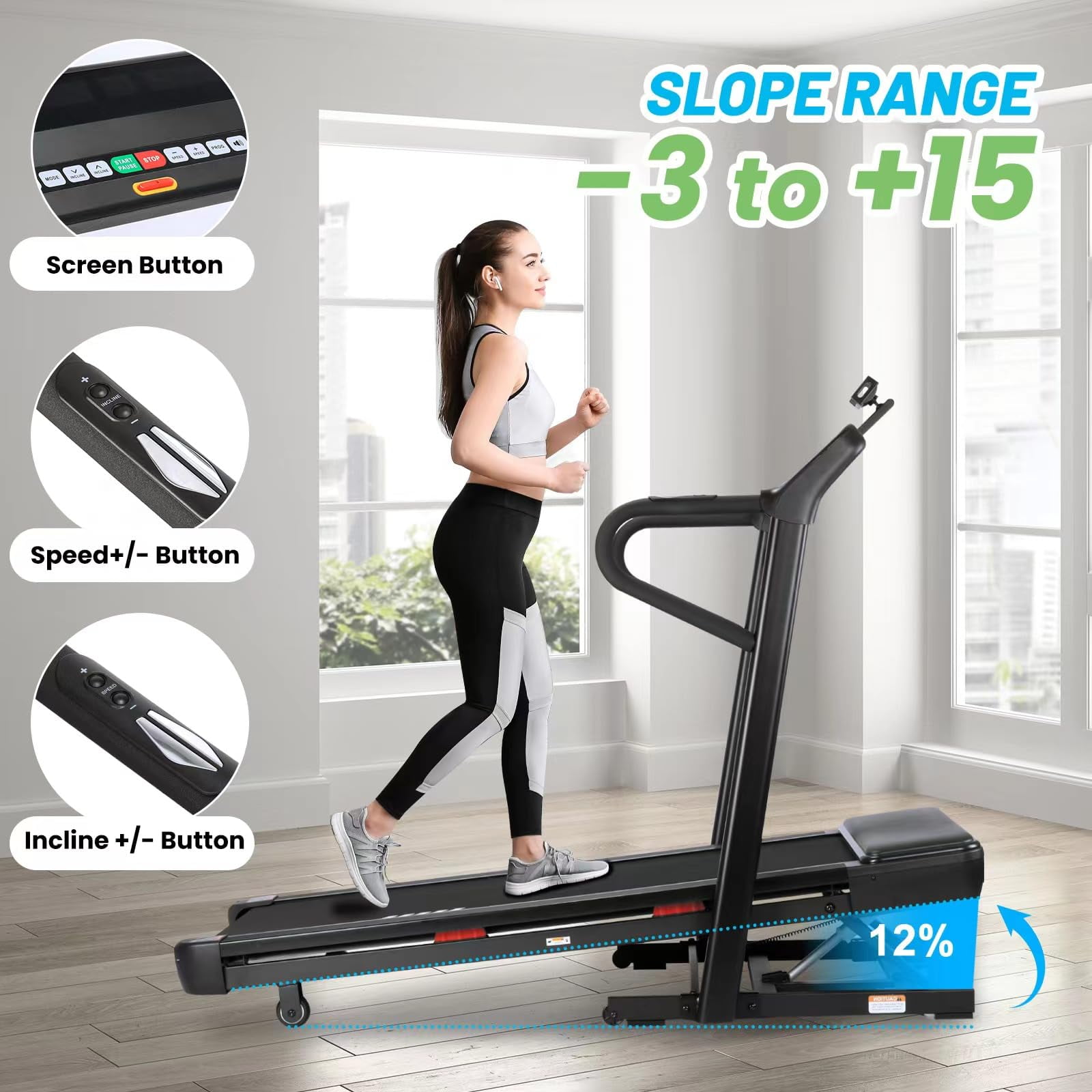 Towallmark 3.5HP Foldable Treadmill with 12% Auto Incline, Foldable Compact Walking Treadmill, Uphill & Downhill Running Mode, 350 LBS Capacity, Slope Range -3 to +15, Speed 1-20 km/H, APP Control