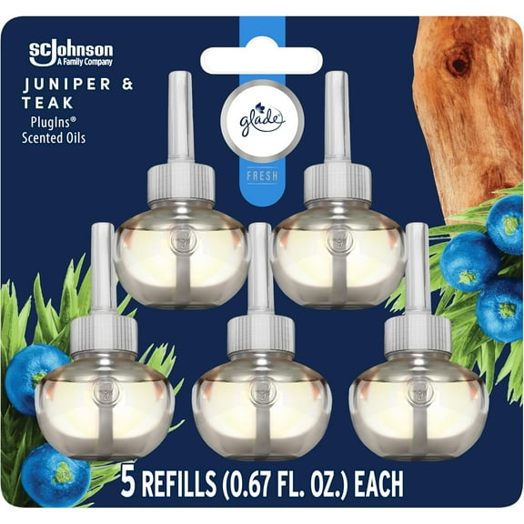 Glade PlugIns Refills Air Freshener, Scented and Essential Oils for Home and Bathroom, Juniper & Teak, Fresh Collection 3.35 Fl Oz, 5 Count