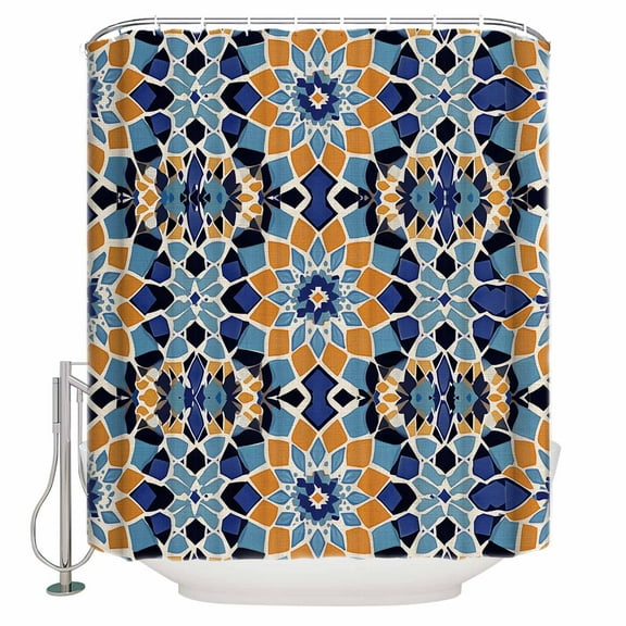 Small Stall Shower Curtain 36x78 Inch Narrow Half Size Morocco Orange Bath Curtains Bathroom Decor Blue Boho Retro Flower Pattern Abstract Waterproof Fabric Shower Curtain Set with Hooks 36 Inch