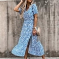 thumbnail image 6 of Fesfesfes Womens Dress Floral Print V Neck Spring Dress Loose Casual Short Sleeve Dress for Women Casual Printing V-Neck Short Sleeve Sexy Split Fork Botton Long Dresses, 6 of 8