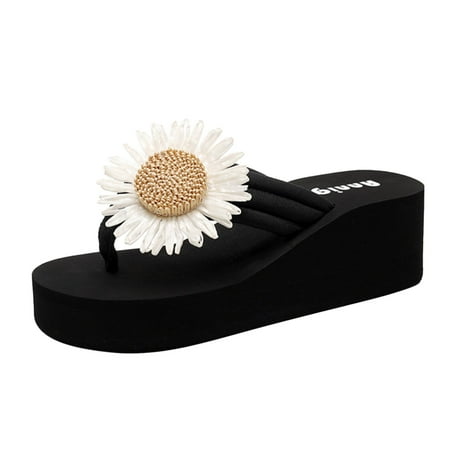 

Sandals Women Wide Width Fashion Spring And Summer Slippers Thick Bottom Wedge Heel Solid Color Flowers Lightweight Comfortable Beach Style Shoes For Women Heels