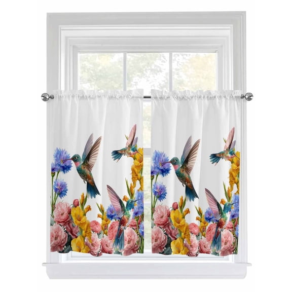 Hummingbirds Bathroom Window Curtain, Spring Summer Watercolor Flowers Plant Light Filtering Coffee Kitchen Curtains, Bedroom Living Room Curtains 2 Panel 84"x54"