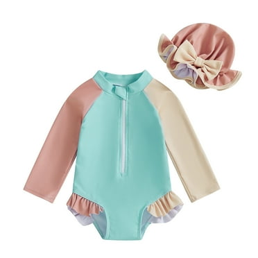 UPF 50  Long Sleeve Hooded Swimsuit For Toddler Girls Color Block Design Full Body Rash Guard Protective Swimwear