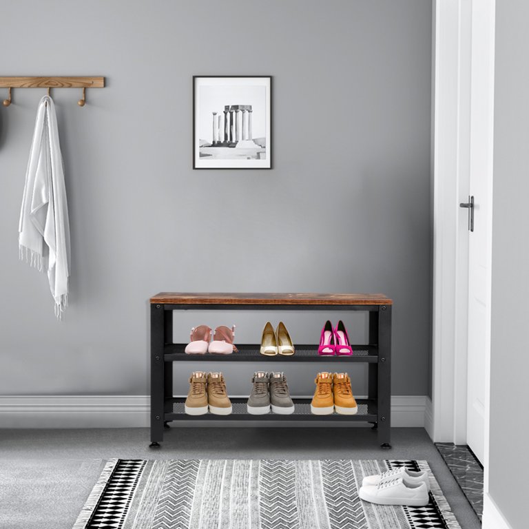 3-Tier Shoe Rack,Industrial Shoe Bench with Storage Shelves for Livingroom Brown