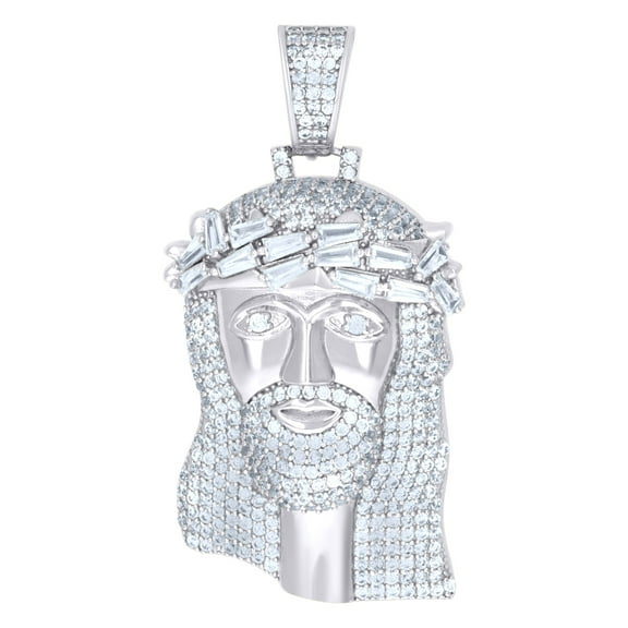 925 Sterling Silver Mens Baguette Cubic-Zirconia Jesus Religious Charm Pendant