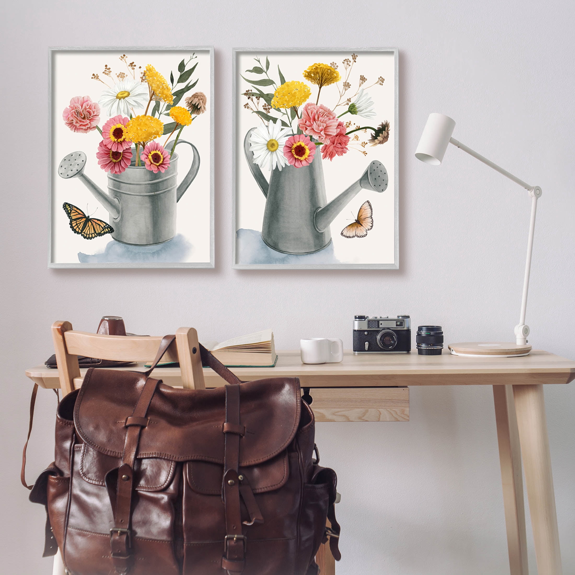 Stupell Industries Country Garden Botanical Watering Cans Graphic Art Gray Framed Art Print Wall Art, Set of 2, Design by Grace Popp
