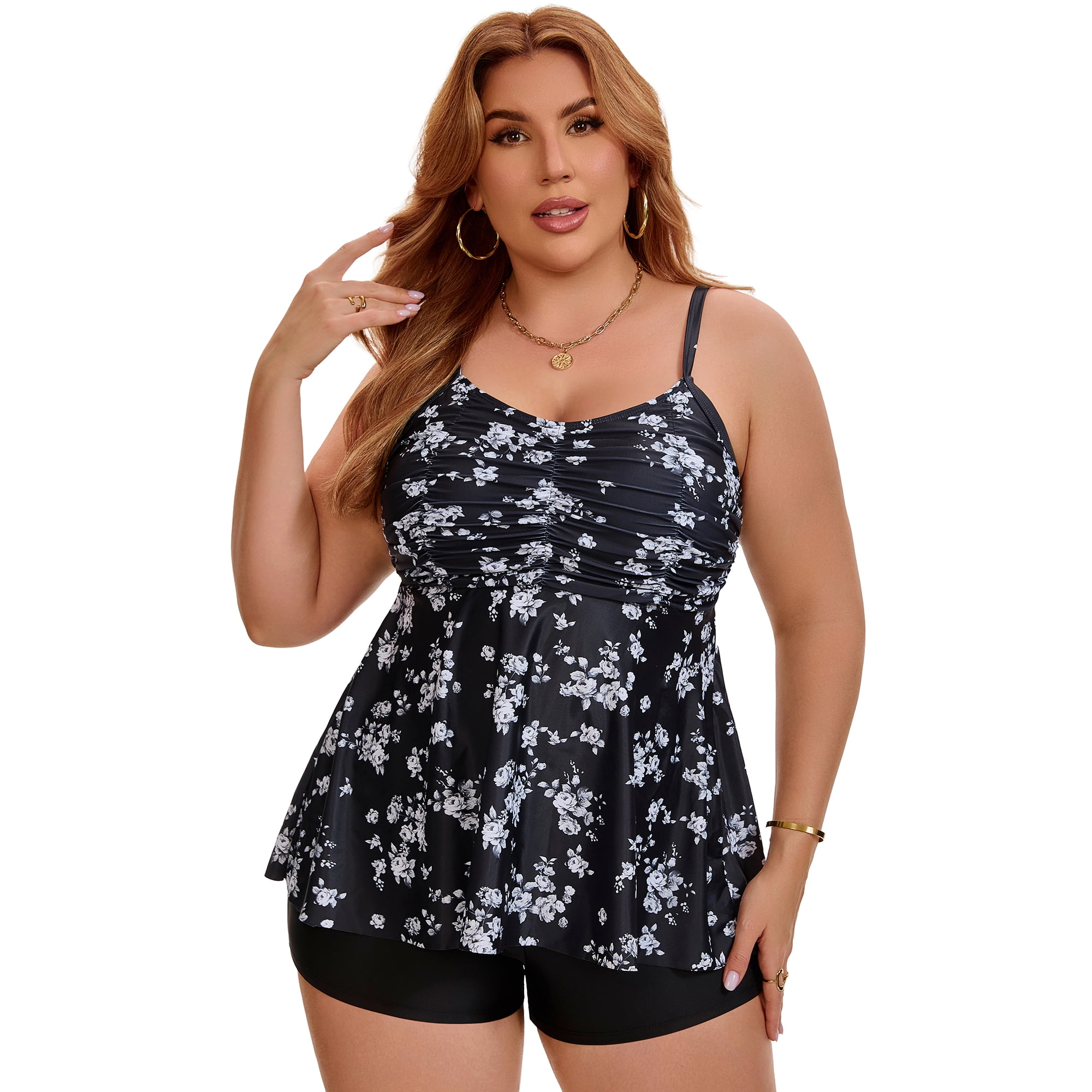 DARING DIVA Women's Plus Two Piece Swimsuit Tankini Top with Shorts L Black