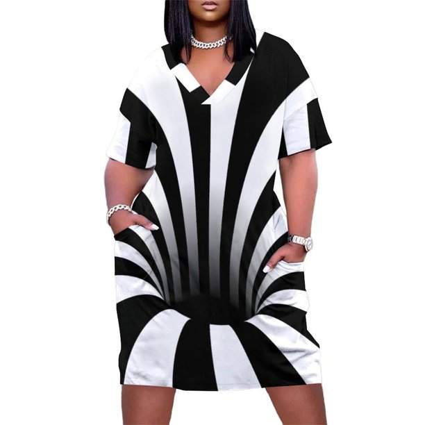 Vestido holgado con bolsillos y diseño de líneas ópticas y negras (negro/blanco) Ropa de mujer Vestidos largos