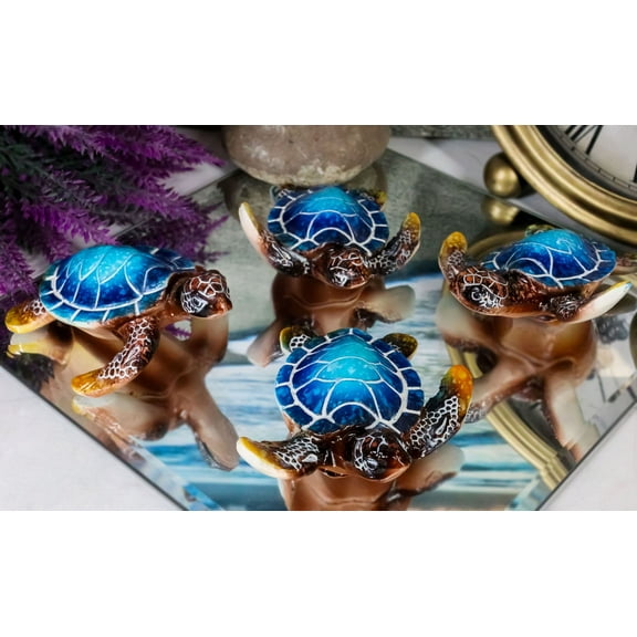 Blue Coastal Ocean Marine Giant Sea Turtle Miniature Figurines Pack Of 4