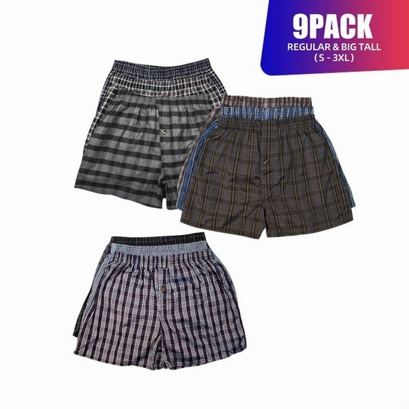 9 Pack Men's 100% Cotton Boxer Shorts Premium Cotton Random Mixed Color Pack Woven Relaxed Fit Underwear Elastic Waist Button Fly Pouch Menswear
