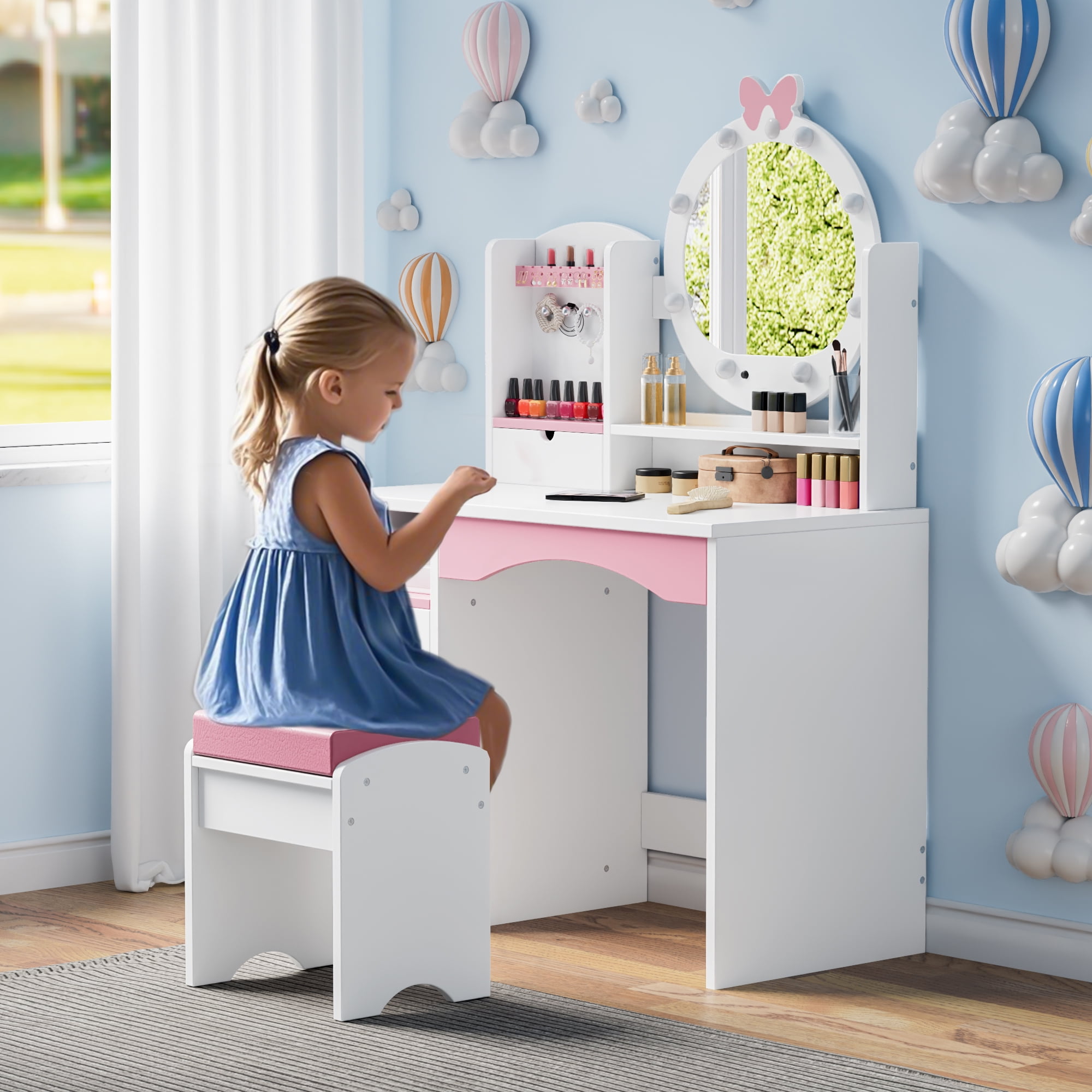 Reasea Kids Vanity Table, Girls Vanity Set, Princess Makeup Vanity Desk & Chair Set, White