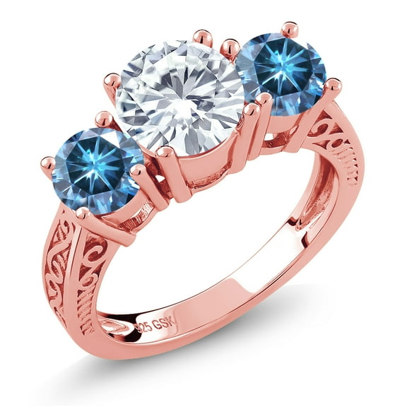 Gem Stone King 18K Rose Gold Plated Silver 3-Stone Ring Set with Round Moissanite and Moissanite (2.20 Cttw, Size 6)