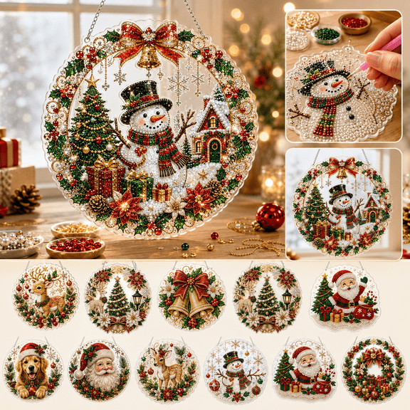 Christmas Pearl Diamond Painting Suncatcher Kit, 3D Pearl Art Craft Set for Adults Beginners, DIY Christmas Window Hanging Ornament, Handmade Holiday Gift Decor