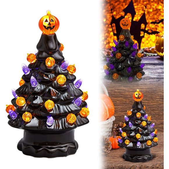 Hand-Painted Black Ceramic Halloween Tree with Lights and Pumpkin Top - Festive Tabletop Decor for Home and Parties