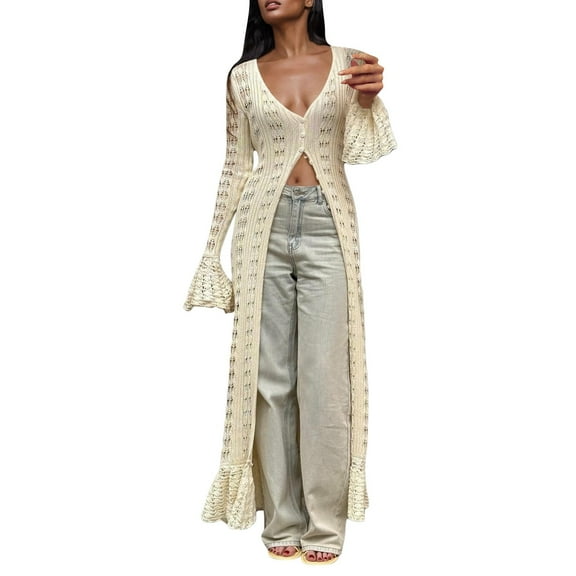 Cardigan Sweaters For Women Elegant Crochet Knit Maxi Dress Button Down Hollow Out Cover Up Vacation Long Dress Covering Yarn Blending Coats Outerwear Jackets 1* Beige L Sweaters For Women