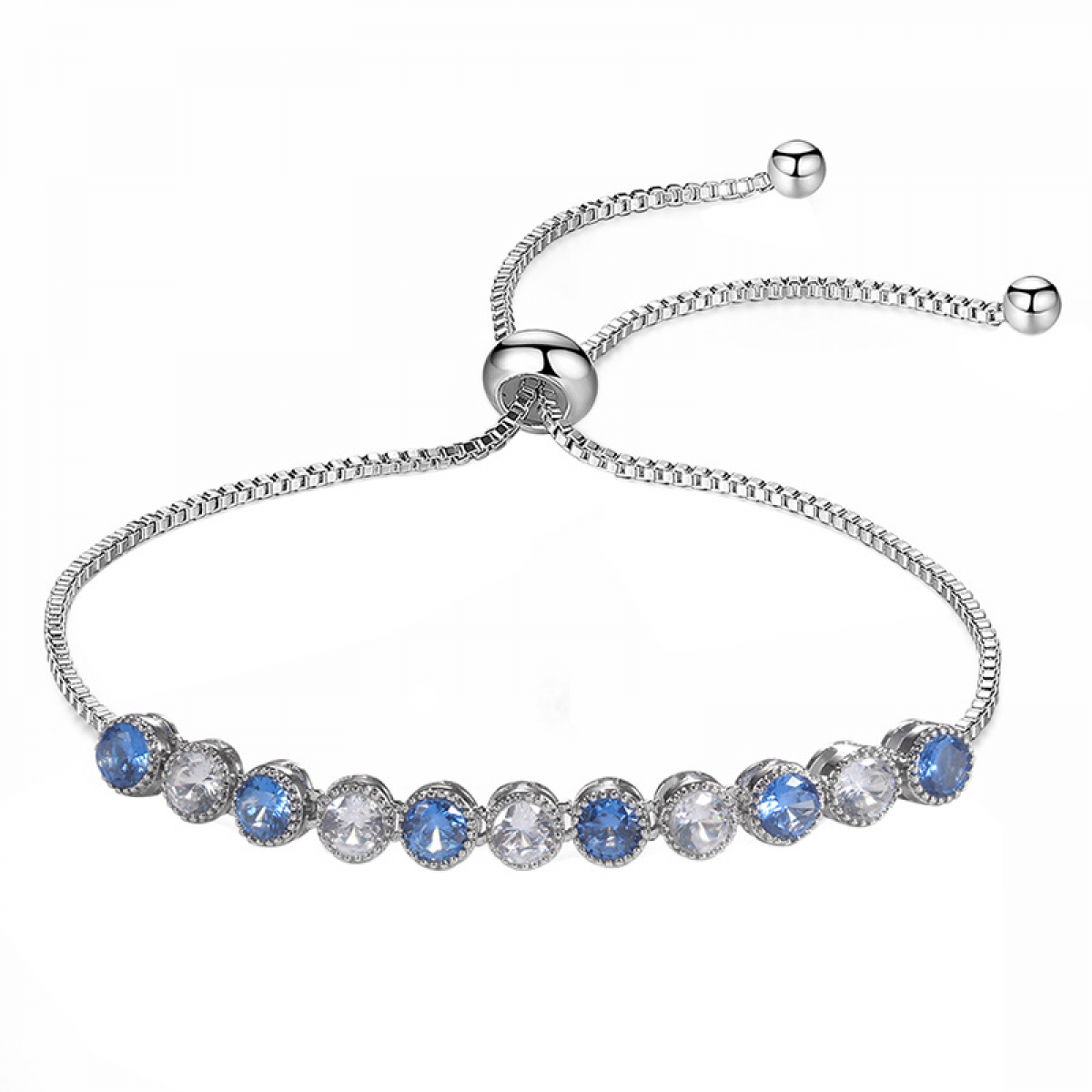 Luxury Round Sparkling White Cubic Zirconia and Simulated Blue Sapphire Women Tennis Bracelet