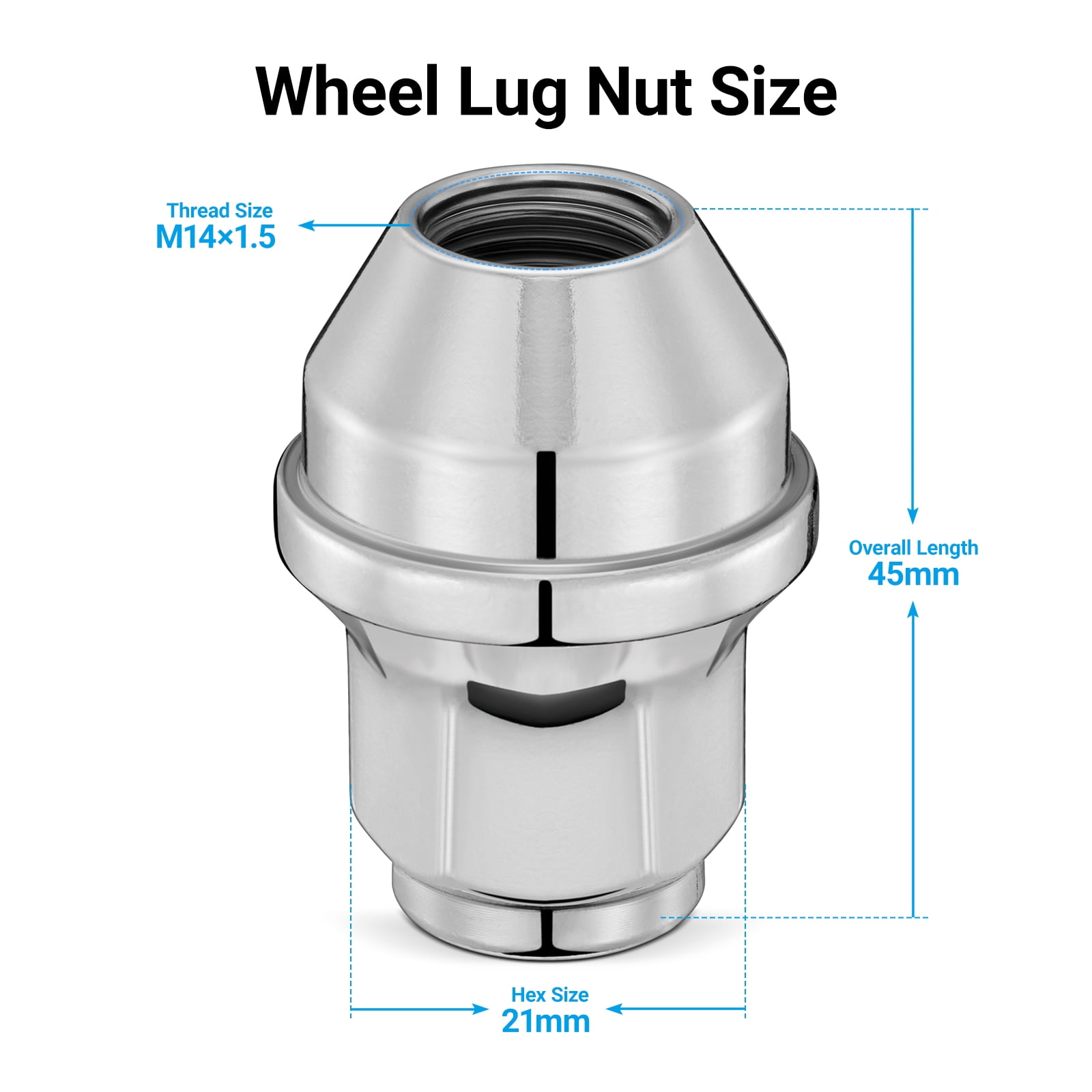 24 Pcs M14x1.5 One - Piece Silver Chrome Closed End Lug Nuts - 13/16" (21mm) Hex, 1.75" (44.5mm) Tall, Cone Seat - Compatible with Ford Expedition & Lincoln MKX