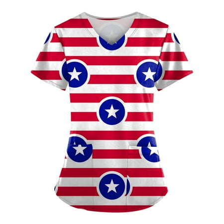 

Sksloeg Women Scrub Tops American Flag Pattern Scrub Tops V-Neck Independence Day T Shirts Workwear Nurse Uniform Tee with Pockets Wine XXL