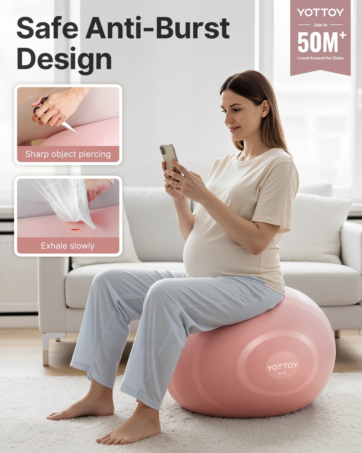 YOTTOY Anti-Burst Exercise Ball, 55 cm — Pink, Extra Thick for Yoga & Physical Therapy