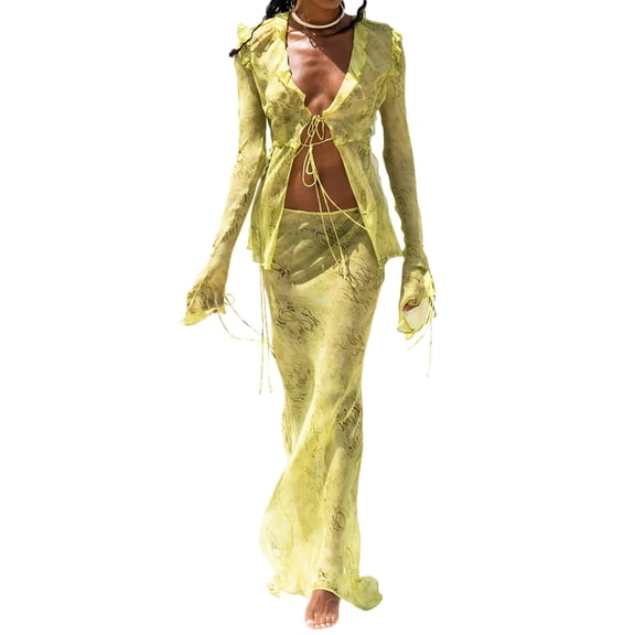 LMLYSoH Women’s Two Piece Summer Outfits, Tie-up Front Sheer Mesh Tops and Long Skirt Set
