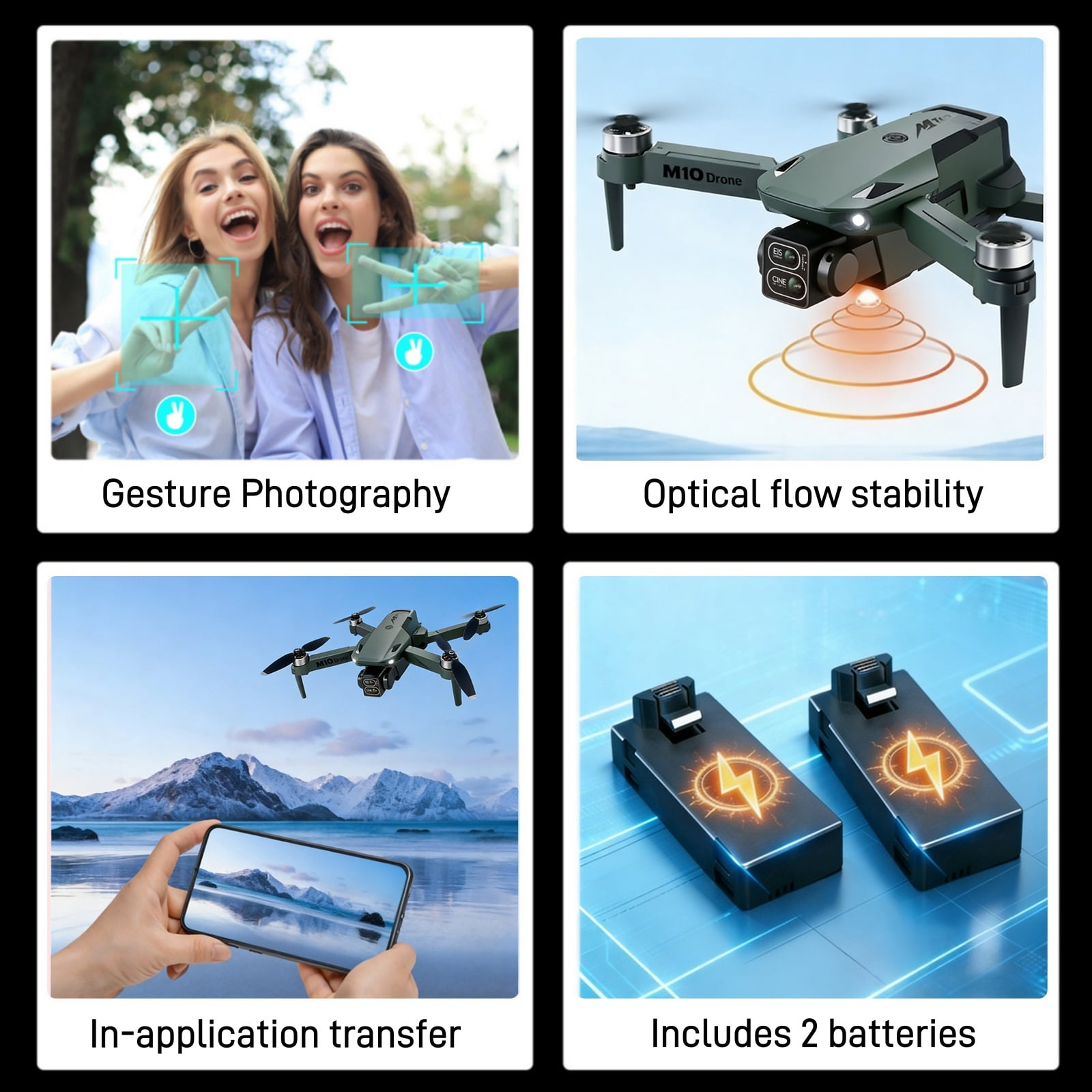 Foldable Dual-Camera Drone with Brushless Motor, Optical Flow Positioning, 4K HD FPV, Long Flight Time with 2 Batteries, Remote Control – Army Green.
