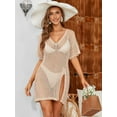 thumbnail image 7 of Alove Womens V Neck Solid Beach Dress Short Sleeve Crochet Top Side Split Hollow Out Mesh Bathing Suit Cover Ups Dress Swimwear S-XL, 7 of 7