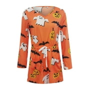 Angle View: GirarYou Women Halloween Dress, Pumpkin Ghost Print V-Neck Long Sleeves Skirt