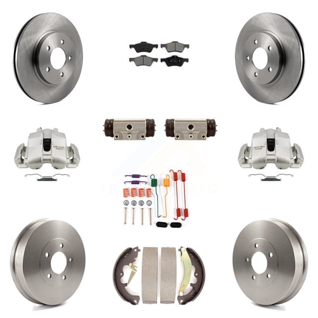 Transit Auto Front Rear Disc Brake Caliper Rotors Drums Semi-Metallic Pads Shoes Wheel Cylinders and Hardware Kit (11Pc) for Car Ford Escape Mazda Tribute Mercury Mariner KC8-100922S