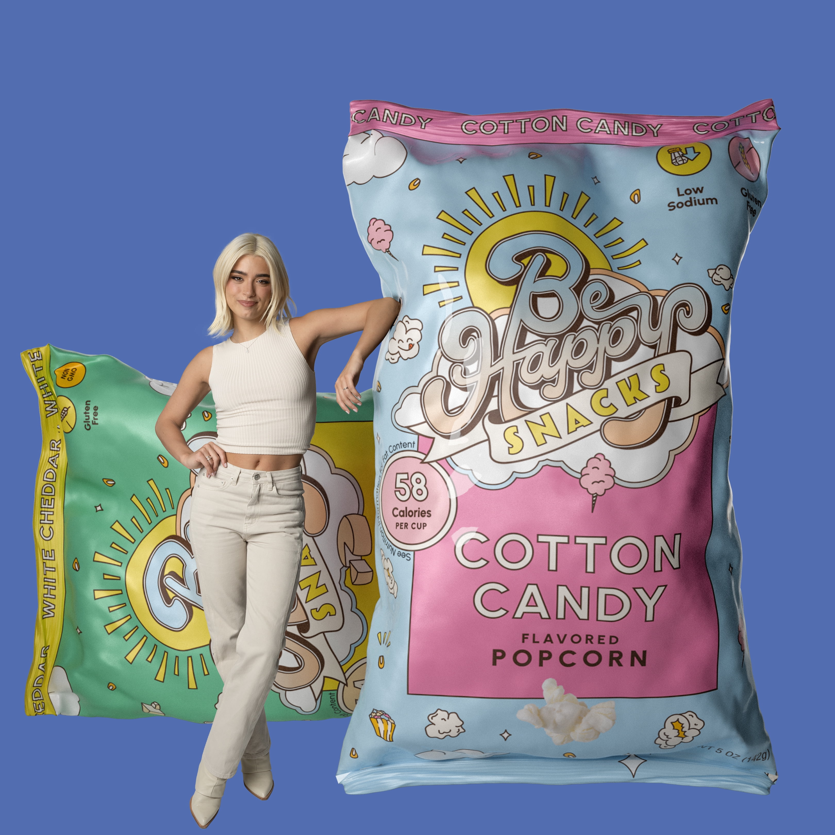 (3 pack) Be Happy Snacks D'Amelio Cotton Candy Popcorn, Gluten-Free, 5 oz