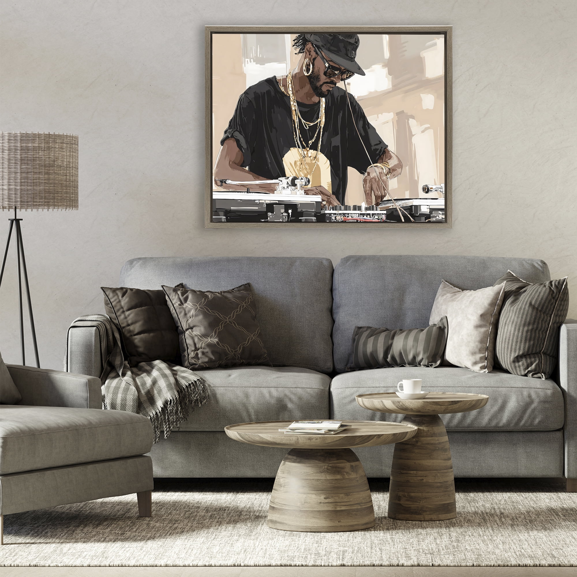 Stupell Industries Timeless DJ with Urban Rhythm Brown Framed Floater Canvas Wall Art, design by Franklyn Gregory