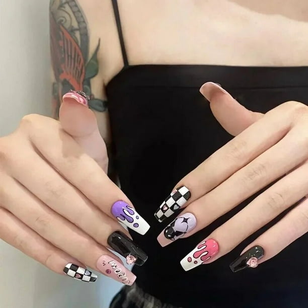 Sanrio-dibujo animado de Hellokitty con armadura de dopamina, lindo Kawaii, manicura mediana y larga, Anime, se puede usar varias veces, uñas falsas