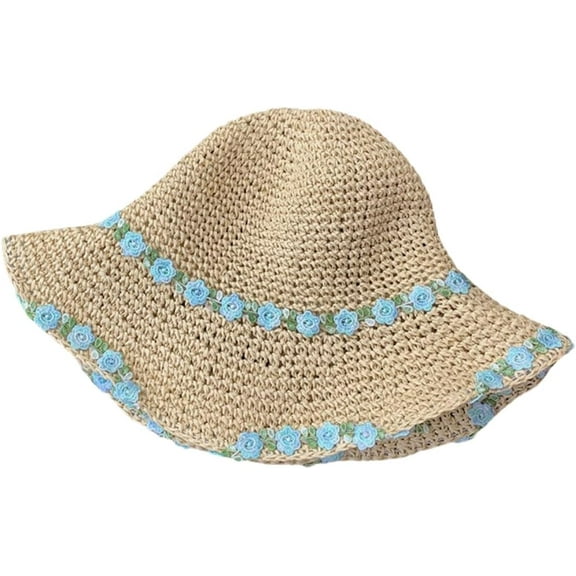 Sun Hat for Women, Hollow-Out Wide Brim Beach Cap with Flower Foldable Summer Floppy Knitted Hat for Outdoor