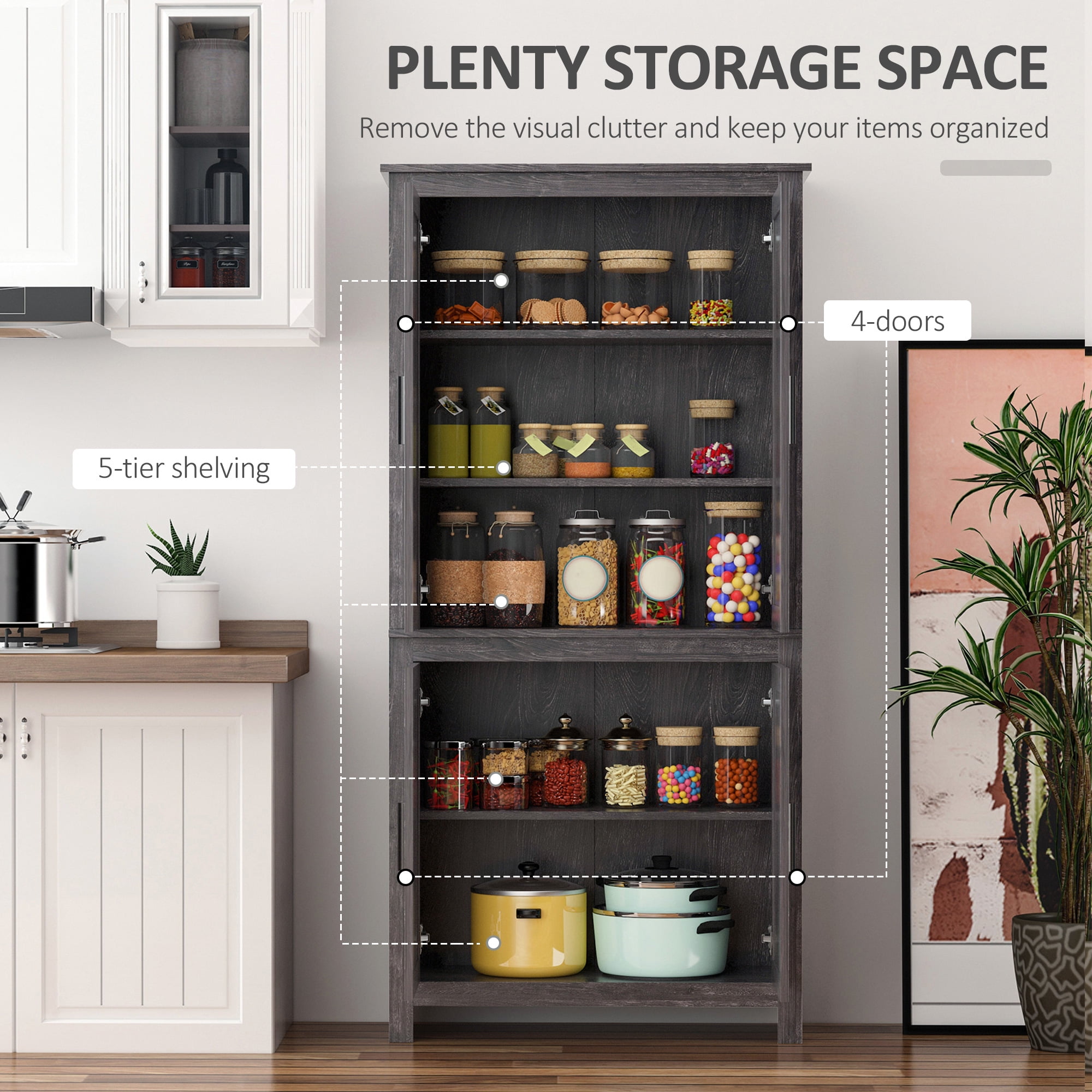 HOMCOM 64" Kitchen Pantry Cabinet, Freestanding Storage Cabinet with 4 Doors and 3 Adjustable Shelves for Dining Room, Gray