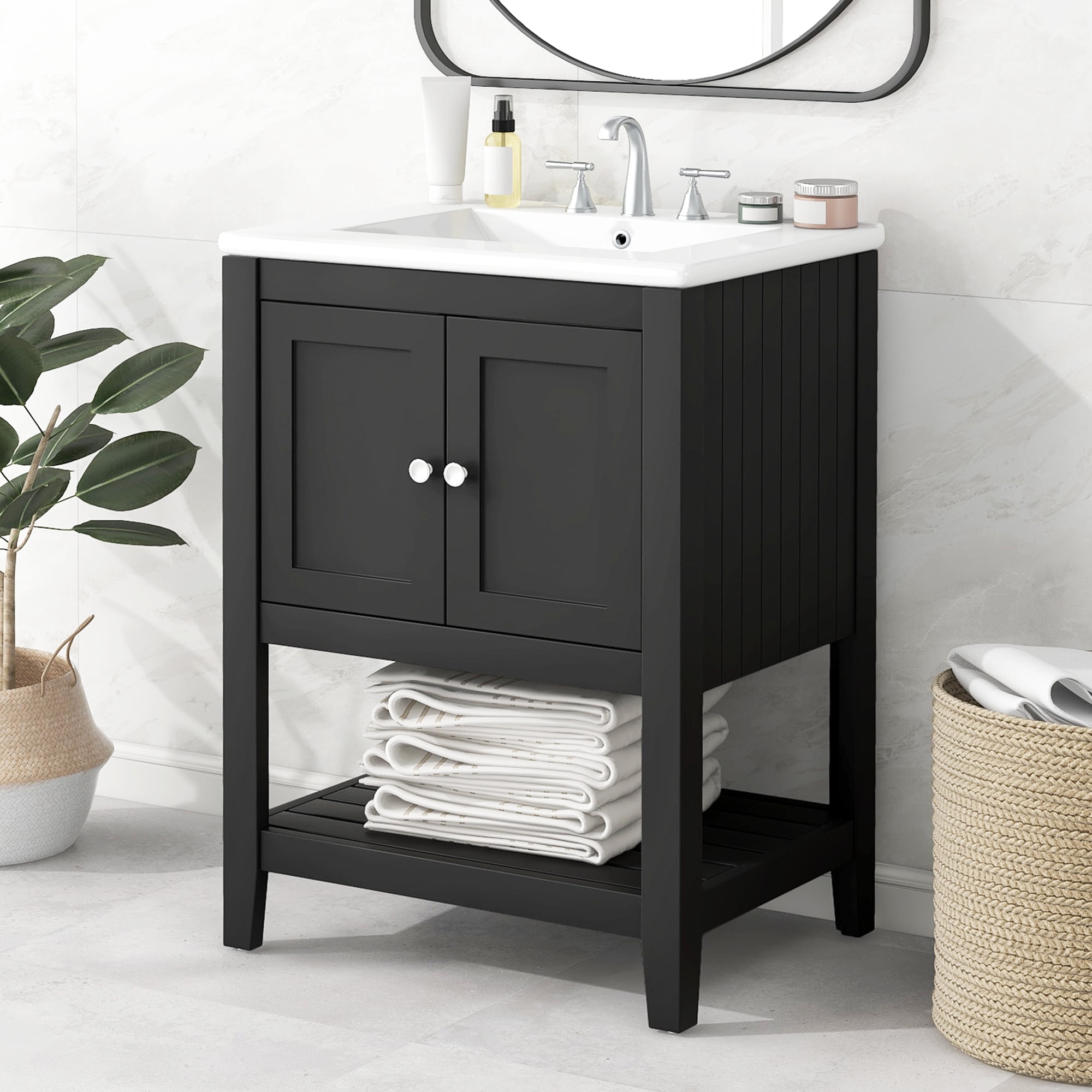 24 in Black Bathroom Vanity with Ceramic Sink and Solid Wood Frame