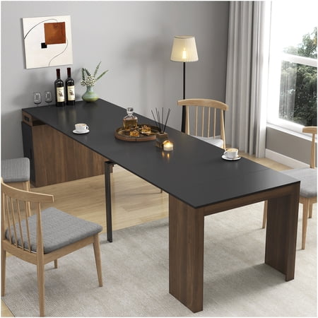 Expandable Dining Table with Power Outlet Multifunctional Extending Table with Storage for Parties and Meetings Walnut and Black Finish