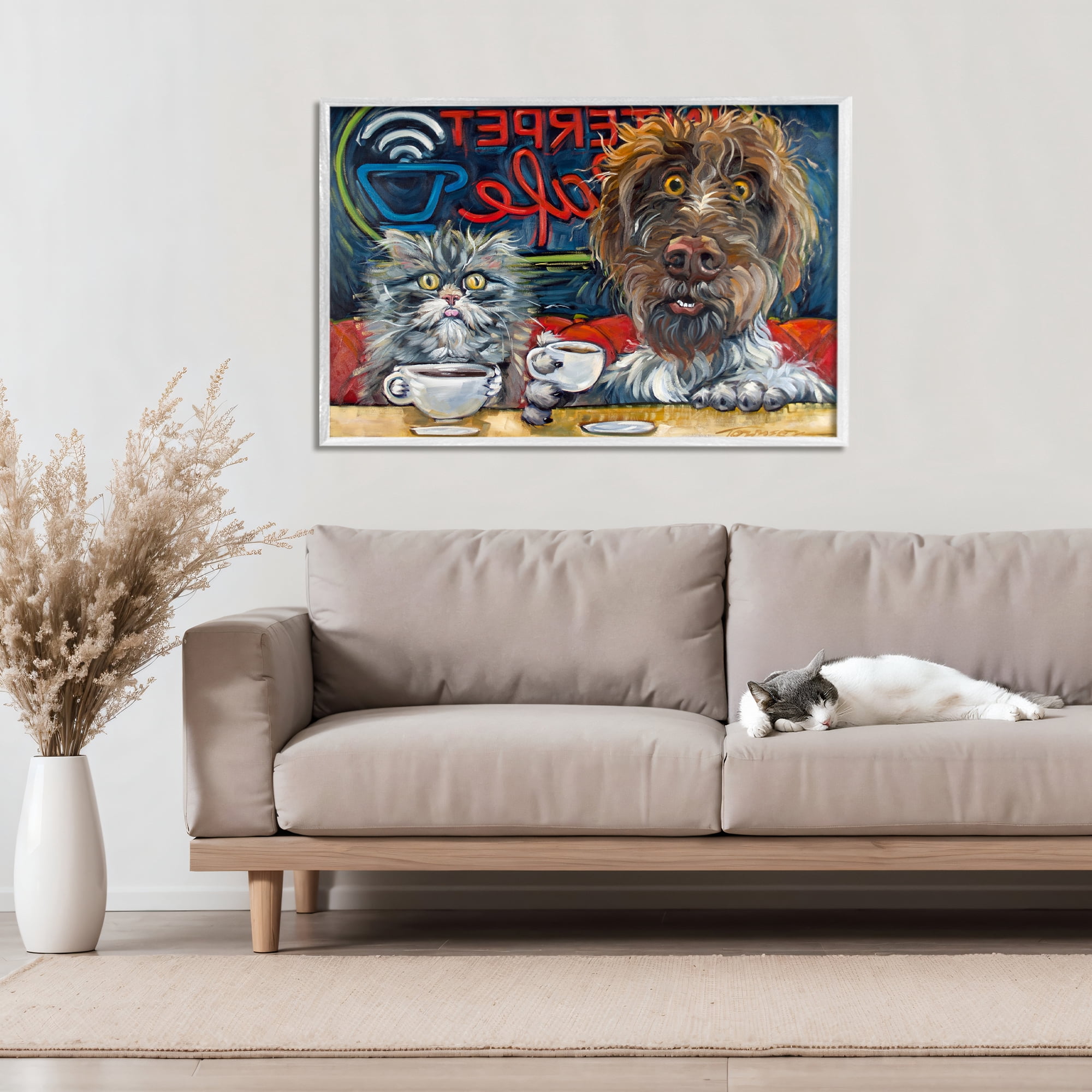Stupell Industries Pets Wired At The Cafe White Framed Giclee Art, design by CR Townsend