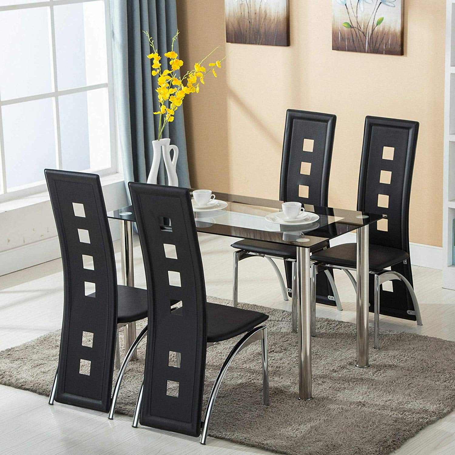 Modern 5 Piece Dining Table Set Tempered Glass Transparent Dining Table With 4pcs Chairs Room Kitchen Breakfast Furniture 110cm Unique Design Home Decor Black Walmart Com Walmart Com